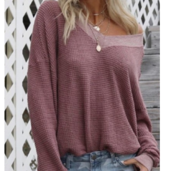 Karlee V Neck One Shoulder Waffle Knit Sweater - Picture 2 of 2